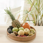 11.8" Round Rattan Tray, Hand Woven Serving Tray with Handles, Wicker Serving Basket, Decorative Tray for Home Decor, Natural