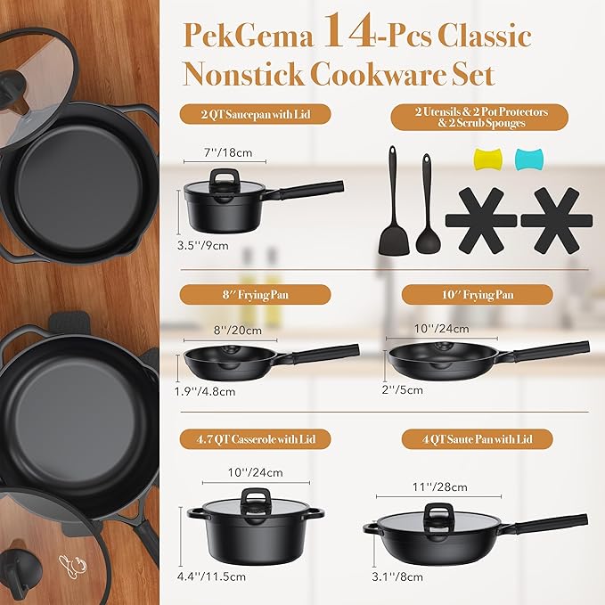 Nonstick pots and pans set 14 Pcs, Induction Cooking Set with Pour Spouts and Oven Safe for Casserole, PFOA FREE, Classic Black,Compatible with All Cooktops,Heat-resistant and comfortable handle