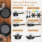 Nonstick pots and pans set 14 Pcs, Induction Cooking Set with Pour Spouts and Oven Safe for Casserole, PFOA FREE, Classic Black,Compatible with All Cooktops,Heat-resistant and comfortable handle