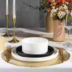 E-far 12-Piece Plates and Bowls Sets, Stoneware Dinnerware Dishes Sets for 4, Chip & Scratch Resistant Ribbed Dish Set for Home Restaurant, Microwave & Dishwasher Safe Speckled White & Matte Black