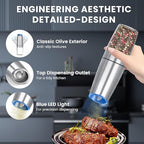 Gravity Electric Salt and Pepper Grinder set of 2, Automatic Salt And Pepper Grinder Set, Adjustable Roughness, Battery Powered, LED Light, 2 Pack, (Silver)