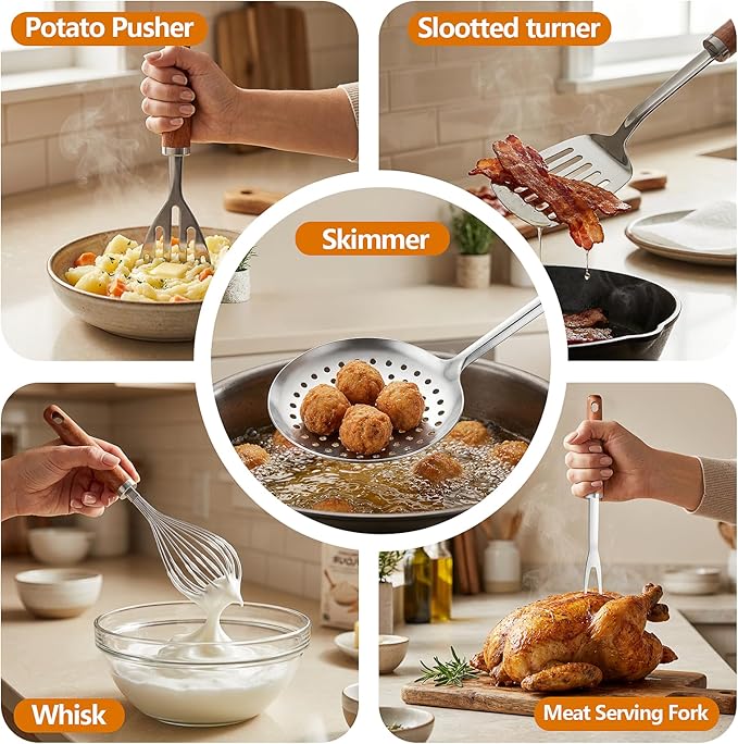 9PCS 18/8 Stainless Steel Kitchen Utensils, Stainless Steel Cooking Utensils with Wooden Handle, Metal Cooking Utensils Set, Spatula, Ladle, Skimmer, Spaghetti Spoon, Potato Masher, Easy To Clean