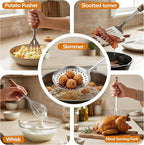 9PCS 18/8 Stainless Steel Kitchen Utensils, Stainless Steel Cooking Utensils with Wooden Handle, Metal Cooking Utensils Set, Spatula, Ladle, Skimmer, Spaghetti Spoon, Potato Masher, Easy To Clean