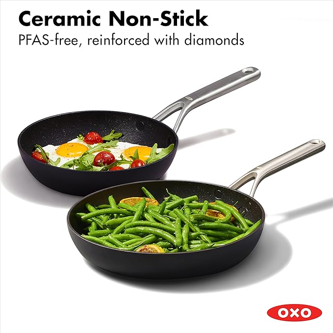 OXO Professional 8" and 10" Frying Pan Skillet Set, Hard Anodized Ceramic Nonstick Cookware PFAS-Free, Stainless Steel, Induction Suitable, Diamond Reinforced Coating, Dishwasher and Oven Safe, Black