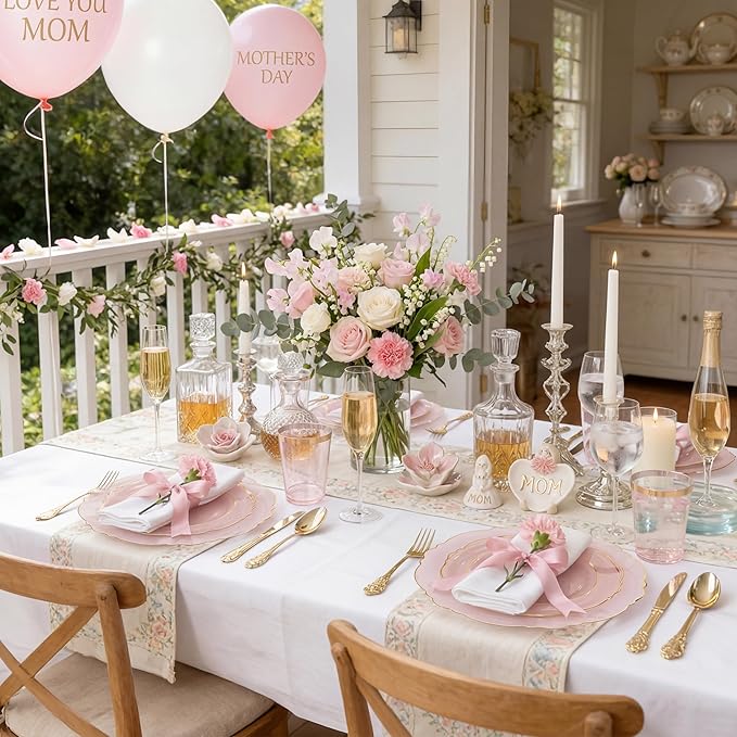 KIRE 210Pcs Clear Pink Plastic Plates with Gold Rim - Disposable Pink Plates&Silverware&Pink Cups&Hand Napkin - Plum Colored Plastic Dinnerware for Upscale Wedding/Party/Baby Shower/Mother's Day