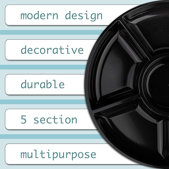 Plasticpro 6 Sectional Round Plastic Serving Tray/Platter (8, Black)