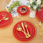 WDF Partyware 175 Pieces Red Plastic Plates with Gold Rim Include Dinner Plate 10" Dessert Plate 7" gold Cups 9 OZ, Pre Rolled Napkins 25 of each type for Wedding/Spring/Birthday/Mother's Day