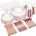 GATHER 350PCS Rose Gold Plastic Plates - Disposable Rose Gold Dinnerware Includes 100 Clear Rose Golds Rimmed Plastic Plates, 150 Silverware, 50 Napkins, 50 Cups for Party, Wedding, Mother's Day