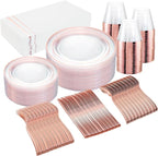 GATHER 350PCS Rose Gold Plastic Plates - Disposable Rose Gold Dinnerware Includes 100 Clear Rose Golds Rimmed Plastic Plates, 150 Silverware, 50 Napkins, 50 Cups for Party, Wedding, Mother's Day