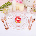 bUCLA 300PCS Rose Gold Plastic Dinnerware - Clear Dinnerware Set Disposable Include 50 Dinner Plates,50 Dessert Plates,50 Knives,50 Forks,50 Spoons,50 Cups for Party, Wedding & Mother's Day