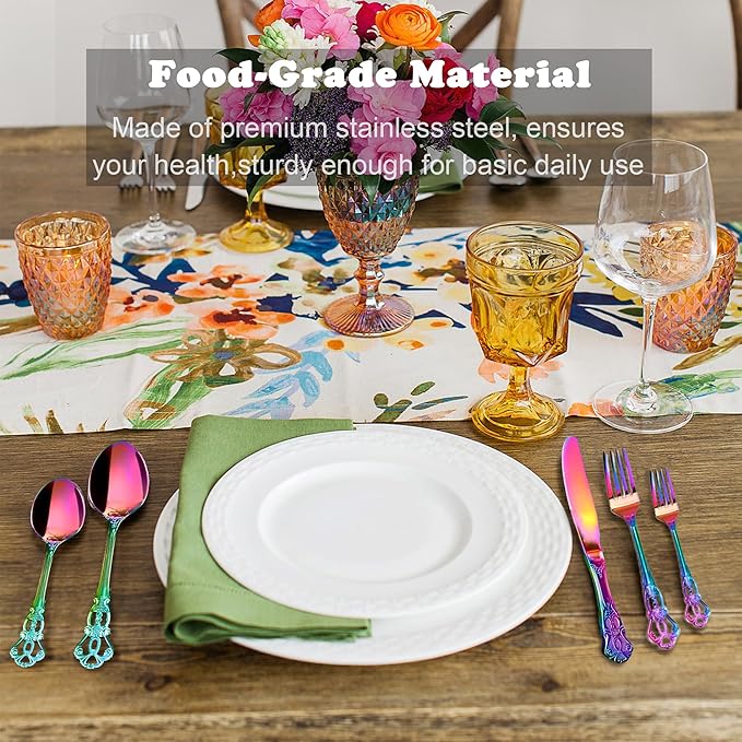 Runfly Gorgeous Retro Royal Rainbow Stainless Steel 20 Pieces Flatware Set, Multicolour Silverware Set, Anti-rust Stainless Steel dark Cutlery Set Utensils Including Fork Spoon and Knife
