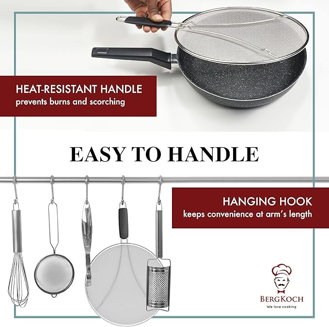 BergKoch Splatter Screen for Frying Pan - 15 Inch Stainless Steel Grease Splatter Guard - Cover Oil Splash when Sizzling Bacon, Cooking Fried Chicken or Popcorn