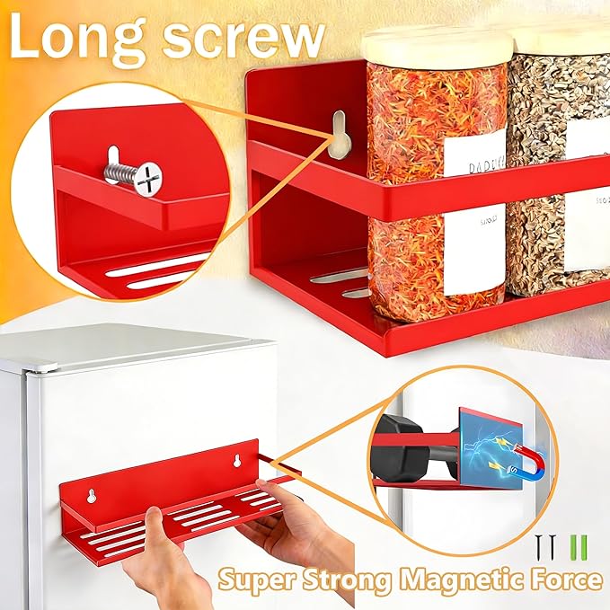 Magnetic Spice Rack for Refrigerator Seasoning Organizer for Spice Fridge Shelf storage Magnetic Shelf with Hook for Oven(6pack) (4Pack-Cut out-red)