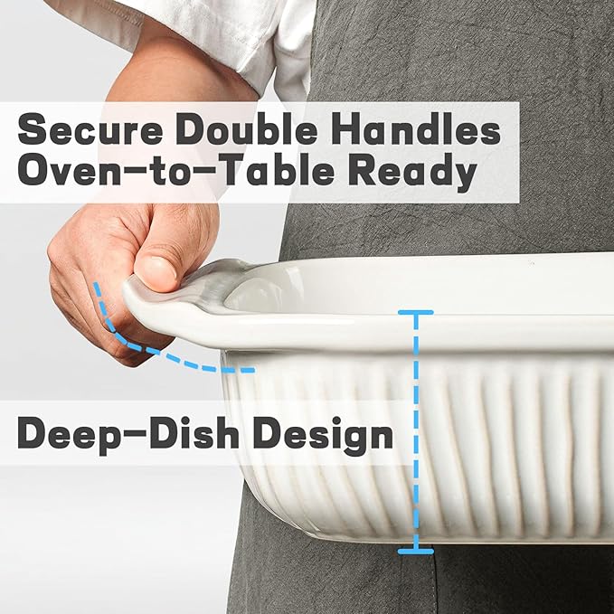 Artena Casserole Dishes For Oven, Ceramic Baking Dish, Large Lasagna Pan With Handles, Baking Pan Casserole Dish, Rectangular Bakeware Deep, White, Set Of 3 (5.1Qt/2.3Qt/1.1Qt) (Baking Dish With Rack)
