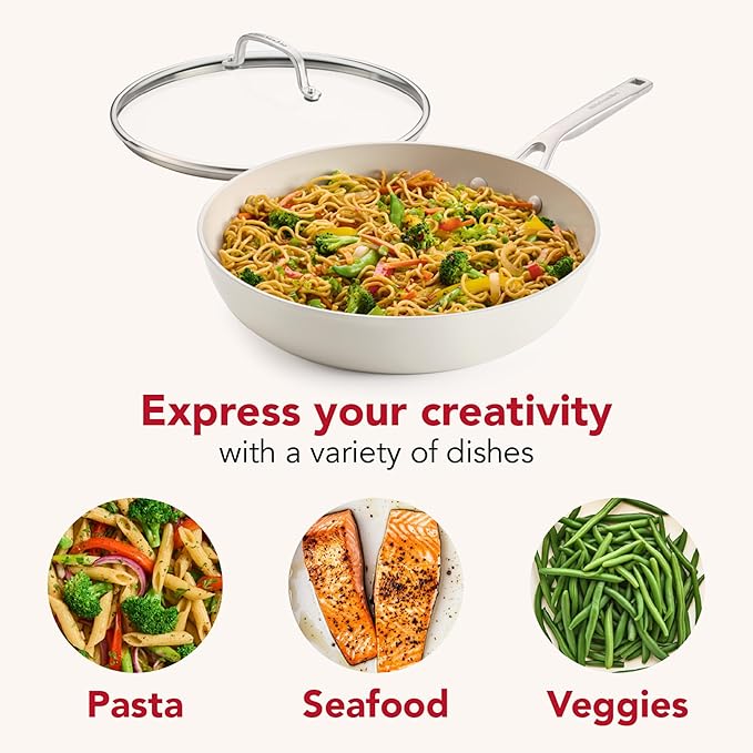 KitchenAid Hard Anodized Ceramic Induction Nonstick Cookware Frying Pan/Skillet with Lid, Dishwasher Safe, 12.25 Inch Non Stick Fry Pan with Stainless Steel Handle - Porcelain White