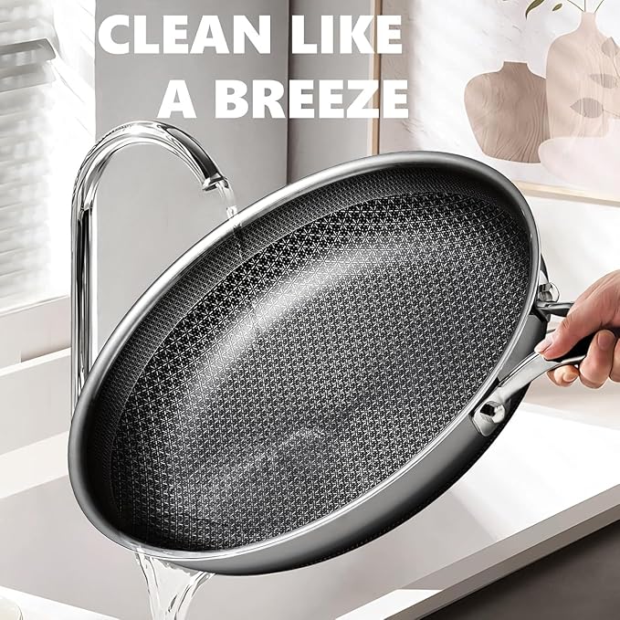 Non Stick Frying Pans Set with 2 Lid, Hybrid Skillet Set Nonstick (8+10+12inch), Pans for cooking, PFOA Free Stainless Steel Kitchen set, Dishwasher and Oven-Safe Cookware Sets