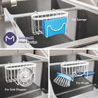 SWTYMIKI Sponge Holder for Kitchen Sink - Movable Kitchen Sink Caddy with M Shape Hook, Stainless Steel Hanging Sponge Caddy for Dish Sponge, Brush, Stopper Organizer in Double Bowl Sink, White
