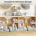 Under Sink Organizer, 2-Pack Pull Out Cabinet Organizer 2 Tier Metal Slide Out Storage Shelf Rack, L-Shaped Adjustable Height,Mesh Sliding Drawer for Kitchen, Bathroom, Laundry, Pantry, Grey, XL