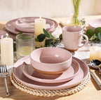 GBHOME 24-Piece Ceramic Dinnerware Set for 6, Handpainted Plates, Pasta Bowls & Bowls Set with Rustic Terracotta Underside, Scratch-Resistant, Dishwasher & Microwave Safe,Speckled Glaze Pink