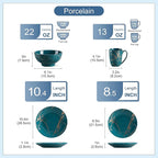 LOVECASA Porcelain Dinnerware Sets for 4, 16 PCS Plates and Bowls Set, Color Glaze with Gold Plate Dish Set, Dinner Sets with Dinner Plates, Dessert Plate, Bowls and Mugs, Dark Green