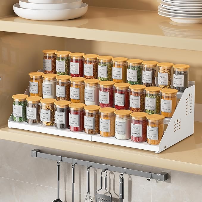 Spice Rack, Spice Organization for Cabinet - Expandable Width, 3 Tiered Spice Rack Organizer for Cabinet - Adjustable Height, Seasoning Organizer for Cabinet, Countertop, Pantry, White