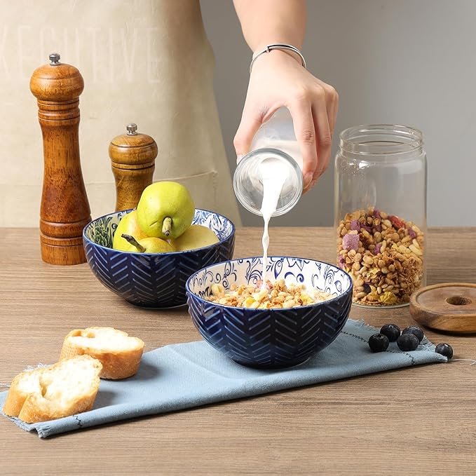 Selamica Ceramic Cereal Bowls Set 25 OZ, Embossed Soup Bowls, Dessert Bowls 5.9 Inch Ceramic Kitchen Bowls for Ramen Oatmeal Fruits, Microwave Dishwasher Safe, Set of 4, Blue