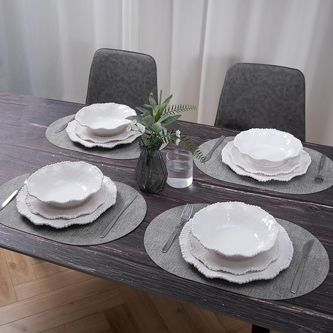 Creamy Beaded Melamine Dinnerware Sets, Set of 6,18 piece Farmhouse Plates and Bowls Set, Lightweight, BPA-Free Scalloped Rim Dishes Dinner Serving Set for Indoor & Outdoor Use, off-white