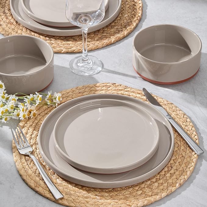 LIANYU 18 Piece Dinnerware Sets for 6, Modern Style Stoneware Dinnerware Set, Scratch Resistant, Dishwasher Safe Bowl and Plate Sets, Ceramic Dish Dinner Set, Terra Brown
