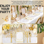 GATHER 350PCS Clear Gold Plastic Plates - Disposable Gold Dinnerware Sets Includes 100 Gold Rim Plastic Plates, 150 Silverware, 50 Napkins, 50 Cups for Party, Wedding