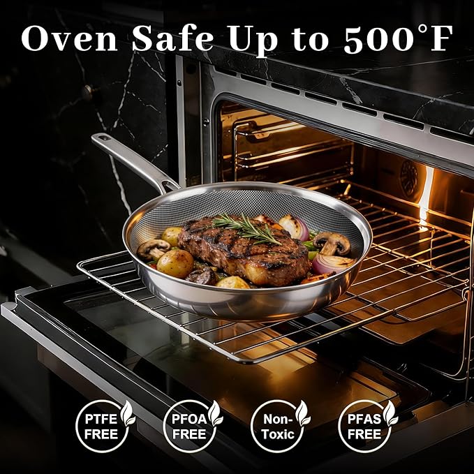 FogDream Non Stick Frying Pans, 10in Titanium Pans for Cooking, Hybrid Stainless Steel Skillet with Spatulas, PFOA Free Cookware, Stay Cool Handle, Dishwasher & Oven-Safe,Induction Compatible,Silver