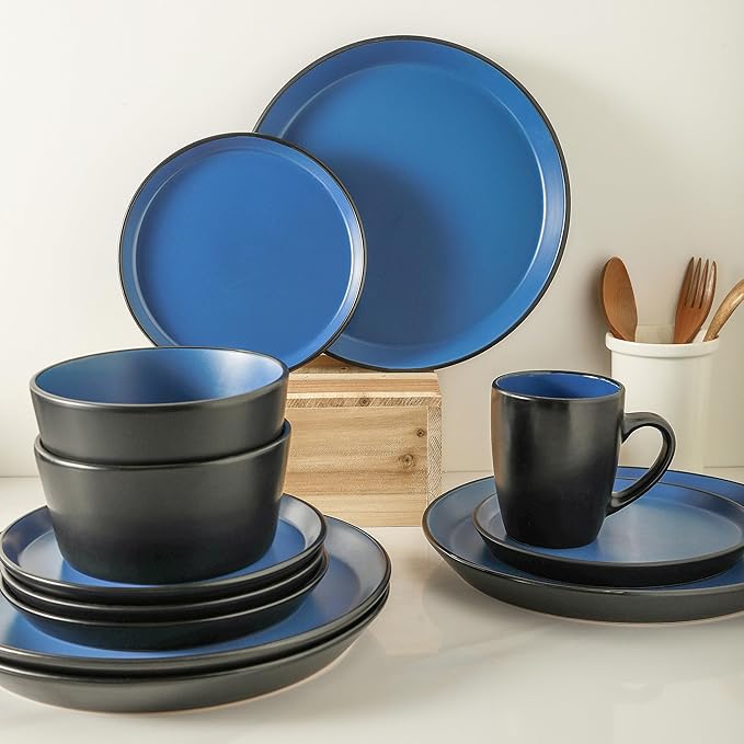 Stone Lain Albie Stoneware 16-Piece Modern Dinnerware Set, Kitchen Plates and Bowls Sets, Service for 4, Blue and Black, Microwave & Dishwasher Safe