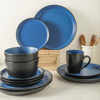 Stone Lain Albie Stoneware 16-Piece Modern Dinnerware Set, Kitchen Plates and Bowls Sets, Service for 4, Blue and Black, Microwave & Dishwasher Safe