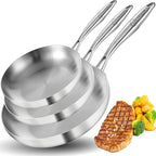LOLYKITCH 8+10+12 Inch Tri-Ply Stainless Steel Frying Pan Set– Professional Skillet Fast & Even Heating, Induction & Oven Safe Cookware for Modern Home Kitchens, Detachable Handle