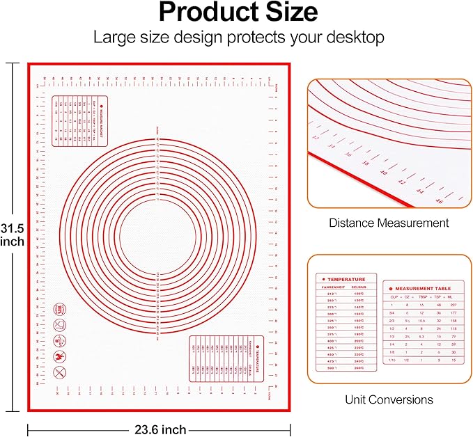HOOMIL Silicone Baking Mat, Non-Stick, Non-Slip, Extra Large Pastry Mat for Rolling Dough, Bread Pie Crust Pizza Cookies Fondant Making, with Measurements - 32"x24"