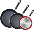 Cook N Home Nonstick Frying Pans Set 3 Piece, 8, 9.5, 11-Inch Kitchen Cooking Skillets Saute Fry Pan Induction Compatible, Marble Red