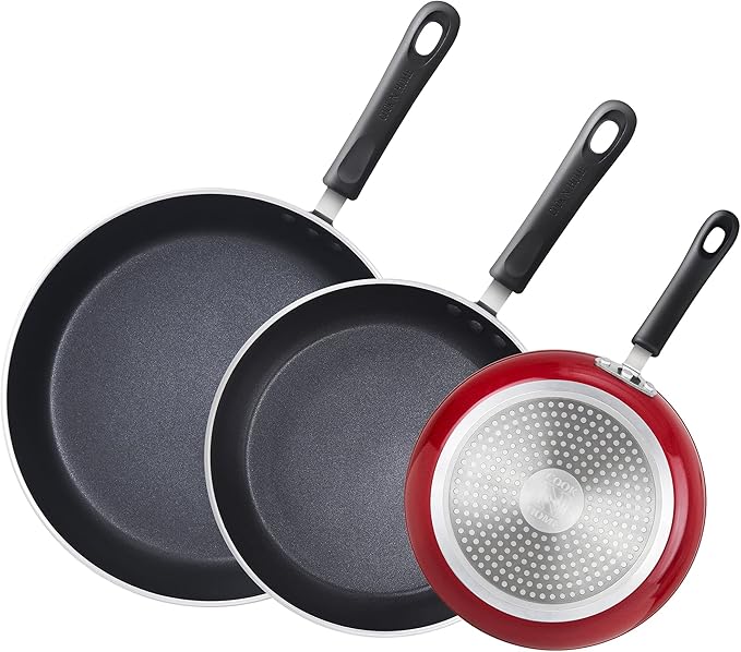 Cook N Home Nonstick Frying Pans Set 3 Piece, 8, 9.5, 11-Inch Kitchen Cooking Skillets Saute Fry Pan Induction Compatible, Marble Red