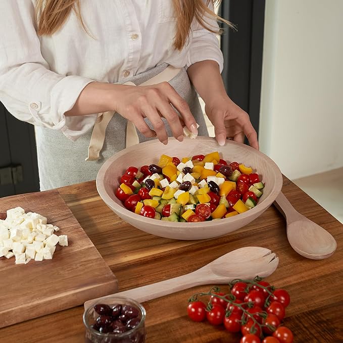 Extra Large Wooden Salad Bowl Set With Serving Utensils - A Beautiful Party Salad & Fruit Bowl With Serving Spoons Perfect for Your Dinner Party - Decorative & Practical Kitchen Must-Have