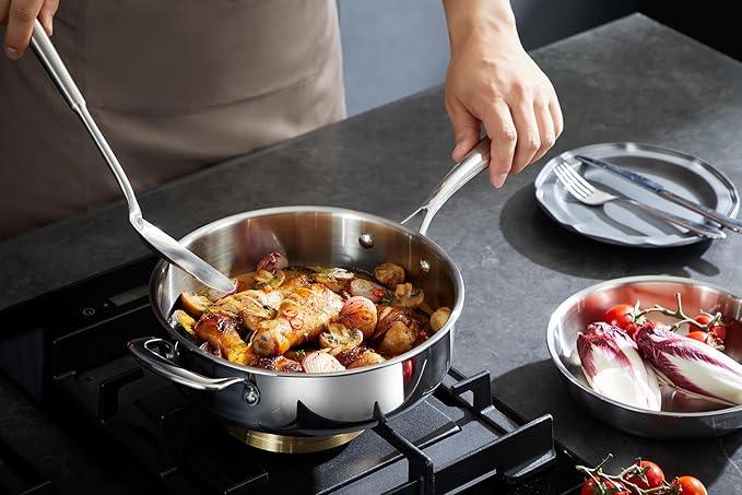 5-Ply 10 Pcs Stainless Steel Cookware Set, Pots and Pans Set with Glass Lids, Frying Pans, Saucepans, Saute Pan and Stock Pot, Compatible with All Cooktops, PTFE, PFAS and PFOA Free