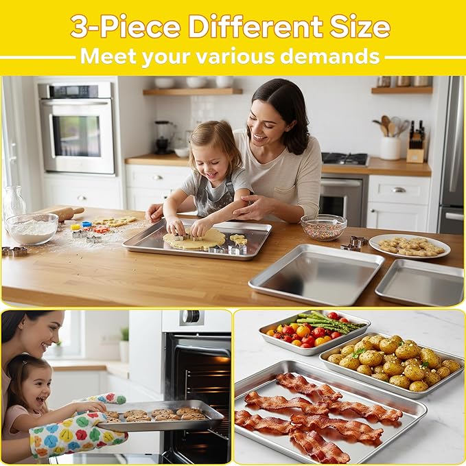 E-far Baking Cookie Sheet Pan Set of 3, 16/12.4/10.4 Inch, Stainless Steel Baking Pans Set for Oven, Rectangle Baking Tray for Cooking Roasting, Non Toxic & Easy Clean, Dishwasher Safe