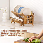 NOVAYEAH Acacia Wooden Dish Drying Rack for Kitchen Counter 2-Tier Collapsible Bmaboo Dish Drying Rack with Utensil Holder-Large Folding Dish Drainer Rack with Flatware Holder 34 pcs Grid