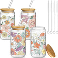 Mumufy 4 Pack Gift for Women Bohemian Flower Cute Glass Cup Tumbler Boho Floral Iced Coffee Mugs 16 oz Glass with Bamboo Lid & Straw, Mothers Day Birthday Gift for Mom Sister Bridesmaid Baby Shower