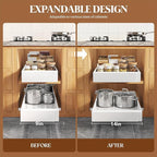 4 Pack Expandable Pull Out Cabinet Organizer 21" Deep With Raising Pad for Framed Cabinets,Upgrade 3 Slide Rails Slide Out Drawers,No Drill Roll Out Shelves,Adjustable Width 9"-14" White