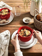 LE TAUCI Soup Bowls with Handles - 28 oz Lead-Free Ceramic French Onion Crocks, Oven and Microwave Safe, Heat-Resistant Design, Stackable, Dishwasher Safe, Set of 4, Red