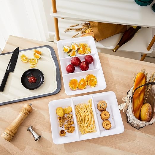 Lullaby 3 Sectional Plastic Serving Tray 14.2" x 9", 3 Pack White Serving Platters for Cheese Cracker Food, Durable and Reusable