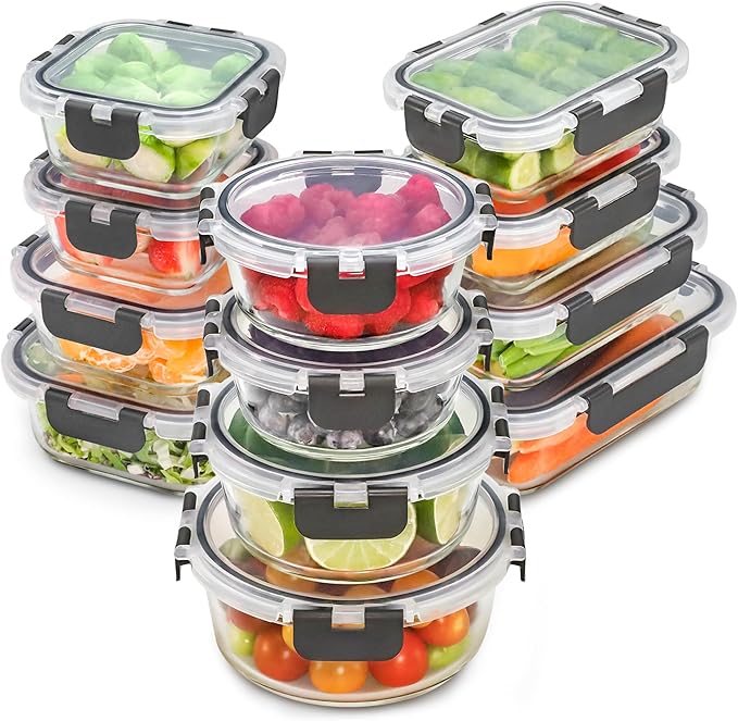 Freshware Glass Storage Containers with Lids, 24 Pieces, 12 Containers with 12 Lids, Glass Meal Prep Container for Lunch, Food Storage Containers, Leak Proof, Freezer Safe, Gray