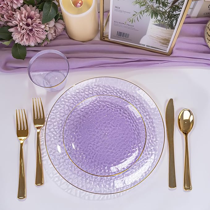 DaYammi 175PCS Clear Purple and Gold Plastic Dinnerware Set for Party, Hammered Disposable Plates for Party, Include: 25 Dinner Plates, 25 Dessert Plates, 75 Gold Silverware, 25 Napkins, 25 Cups