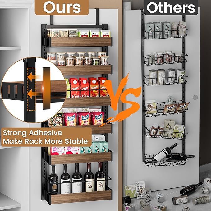 6 Tier Over The Door Pantry Organizer, 2-in-1 Door Hanging or Wall Mounted Spice Rack, Large Heavy Duty Pantry Door Storage Seasoning Shelves with Adjustable Basket for Kitchen Bathroom Closet