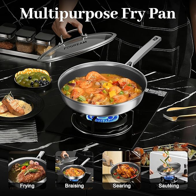 FogDream Non Stick Frying Pans, 10in Titanium Pans for Cooking, Hybrid Stainless Steel Skillet with Spatulas, PFOA Free Cookware, Stay Cool Handle, Dishwasher & Oven-Safe,Induction Compatible,Silver
