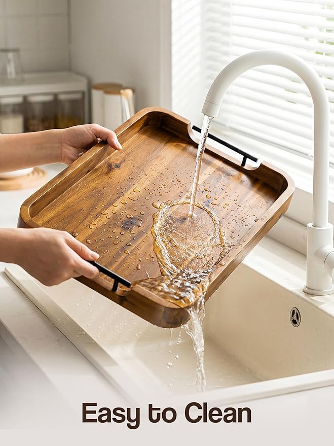 TIDITA Large Serving Tray with Handles - 20”x14” Rectangle Ottoman Tray, Wooden Tray for Ottoman, Wooden Ottoman Tray for Living Room - Decorative Trays for Coffee Table with Round Edge for Breakfast