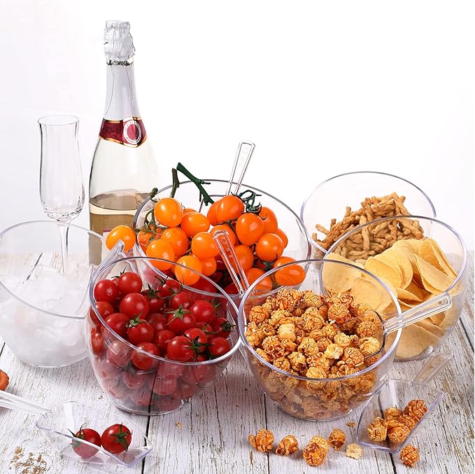 Hoolerry 24 Pcs Serving Bowls Kit Include Clear Plastic Bowls for Parties and Popcorn Measuring Scoops Acrylic Plastic Kitchen Angled Candy Scoops for Office Canister Salad Cooking (25 oz)